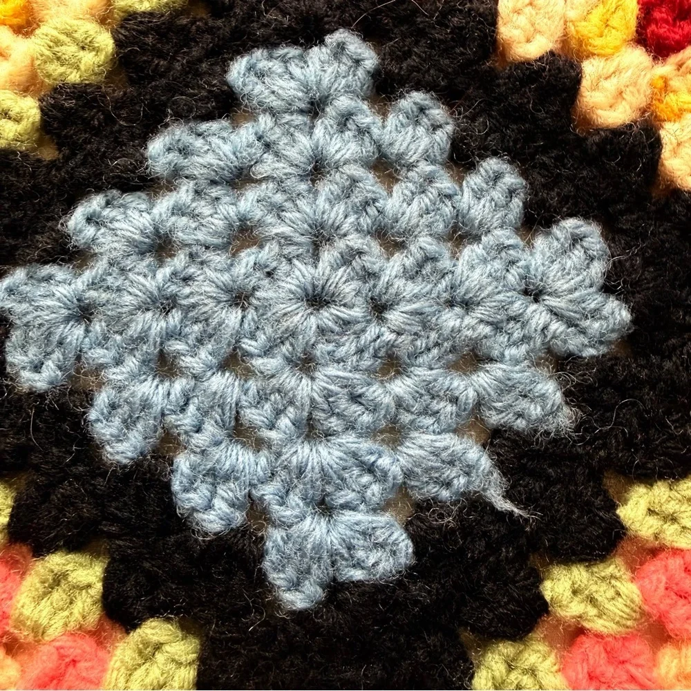 Vintage Crochet Granny Square Blanket 50”x70” Black Multicolor Afghan Boho Retro